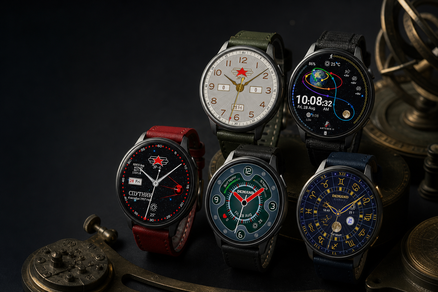 Five Demand Group Wear OS watch faces displayed in a vintage instrument atelier